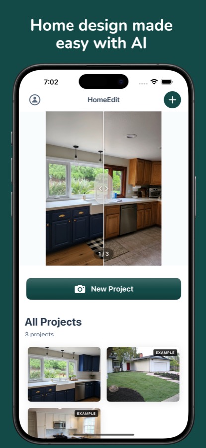 HomeEdit home screen with a New Project button and recent projects carousel
