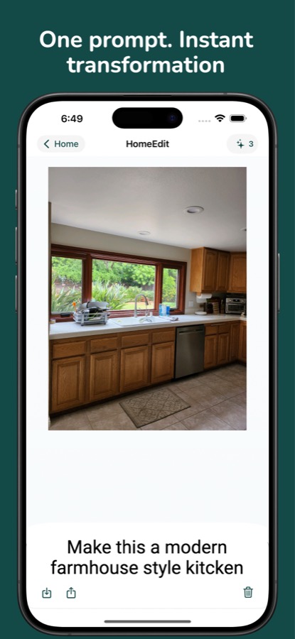 HomeEdit prompt screen showing a kitchen photo and a text prompt input