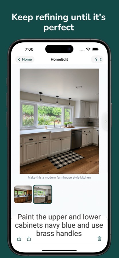 HomeEdit conversation showing an edited kitchen image and follow-up prompt to refine results